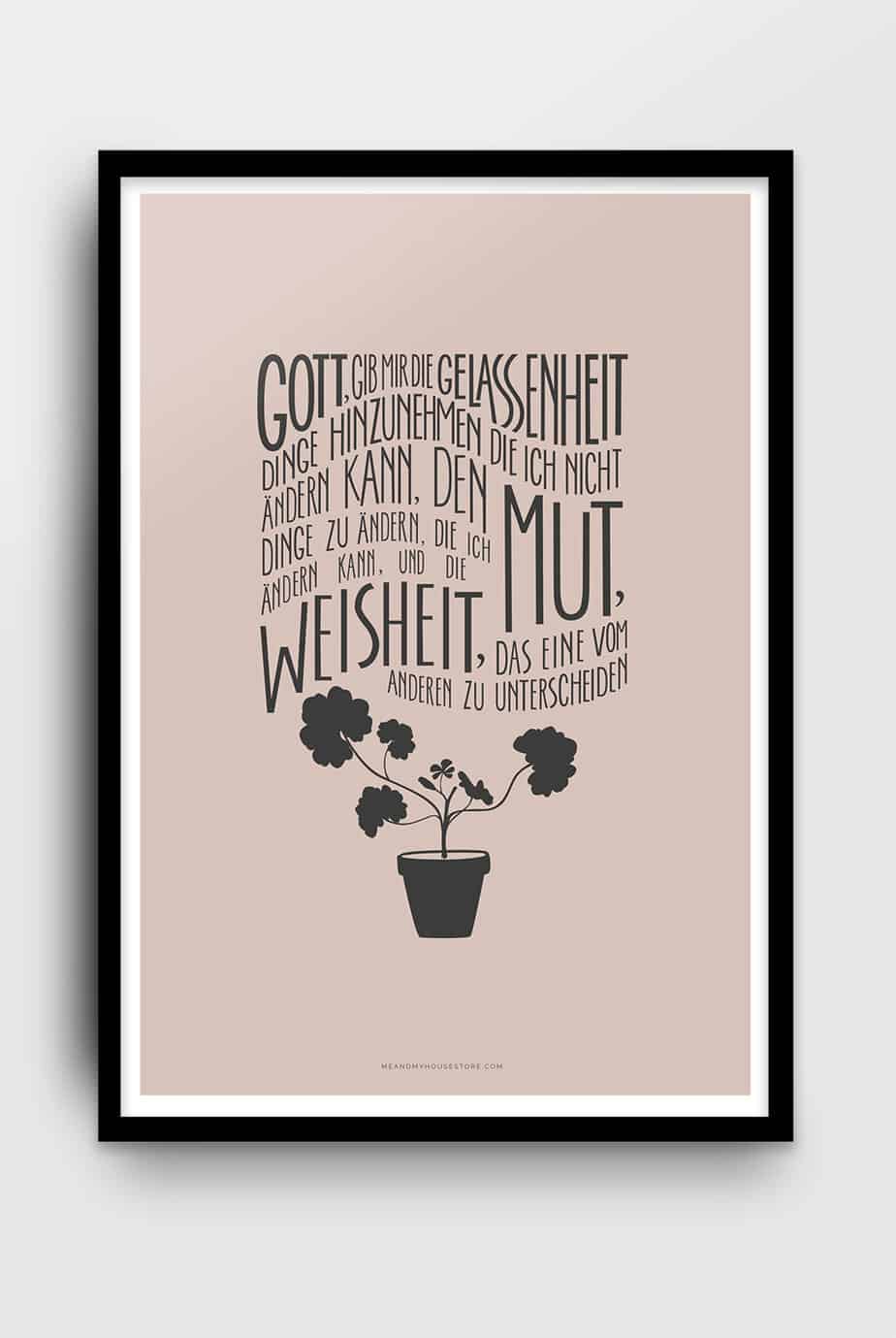 Poster på tyska med blomma: Gott, gib mir die Gelassenheit
