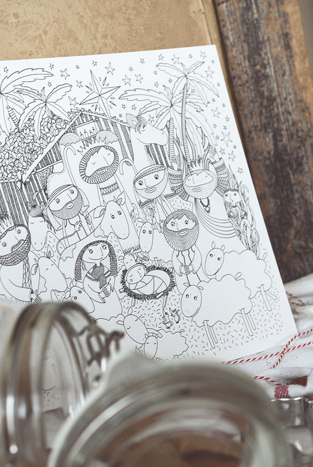 Stort målarkort på återvunnet papper: Julkrubban