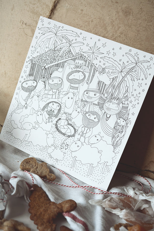 Stort målarkort på återvunnet papper: Julkrubban