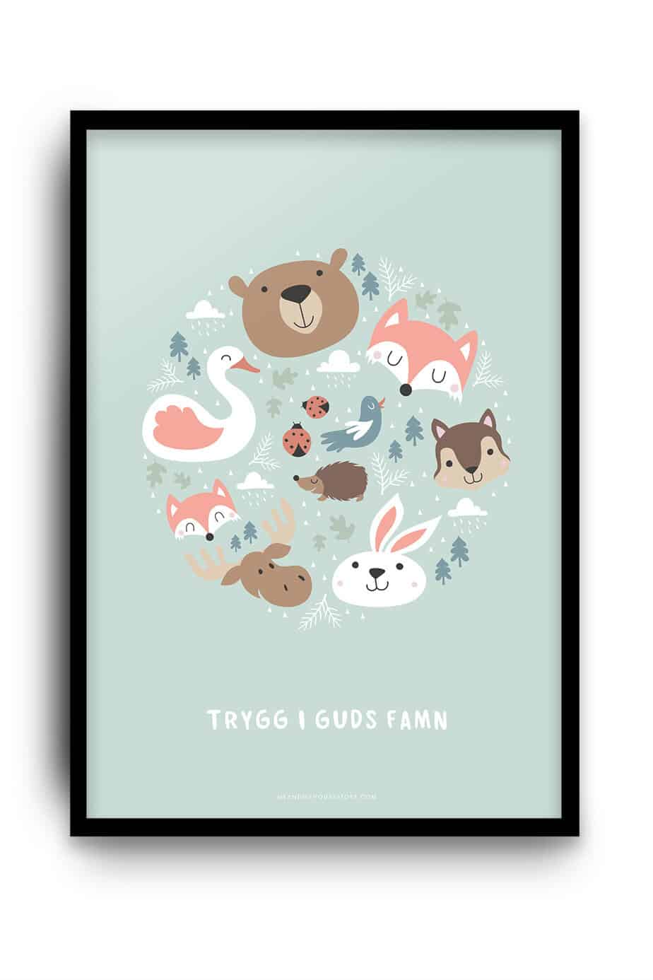 Poster med djur i skogen: Trygg i Guds famn