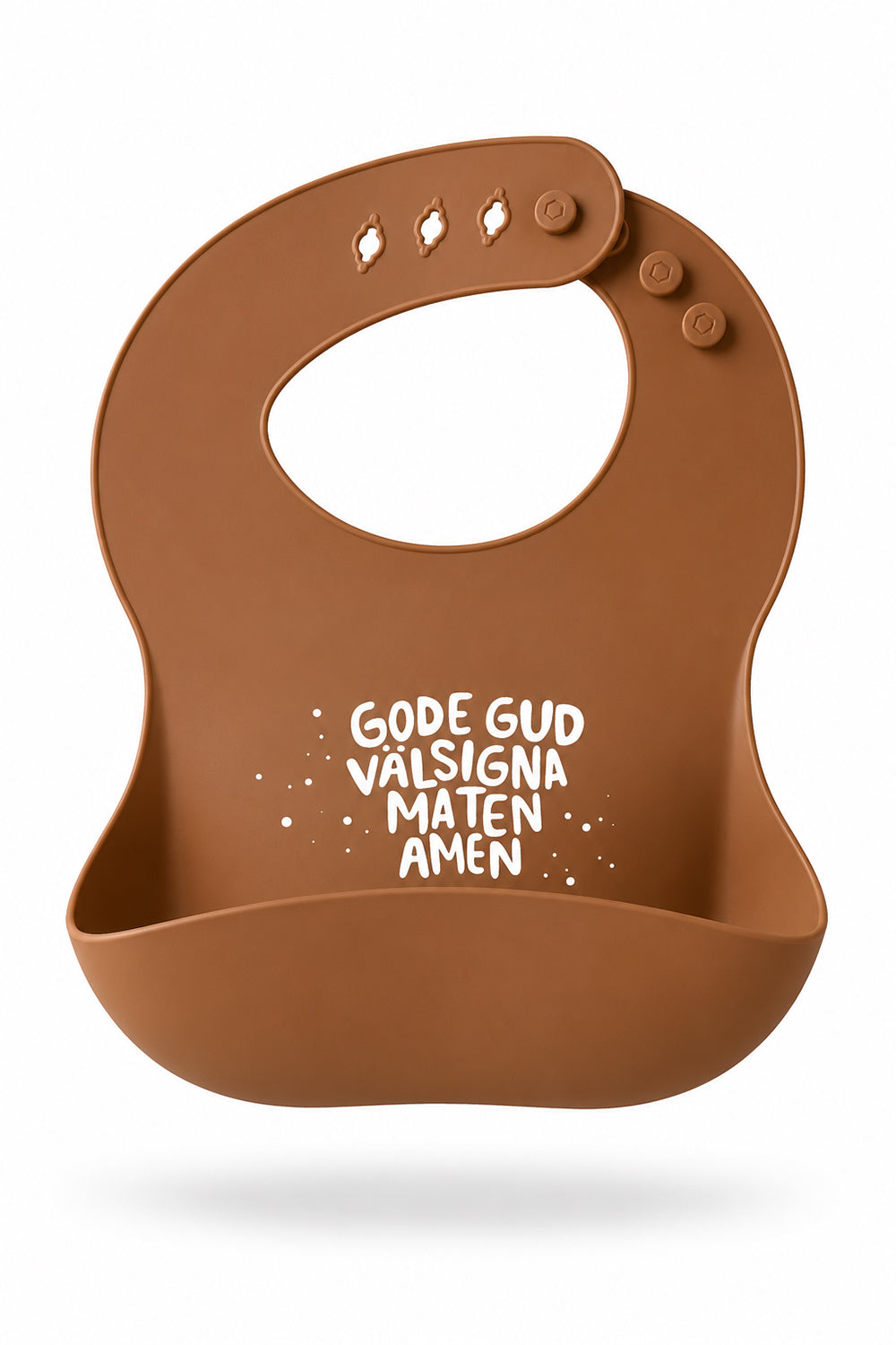 Tegelfärgad, mjuk haklapp i silikon: Gode Gud välsigna maten, amen