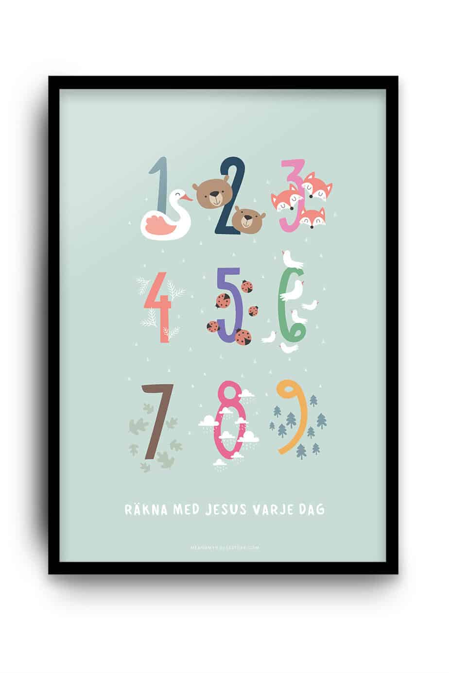 Poster med siffror och djur: Räkna med Jesus varje dag