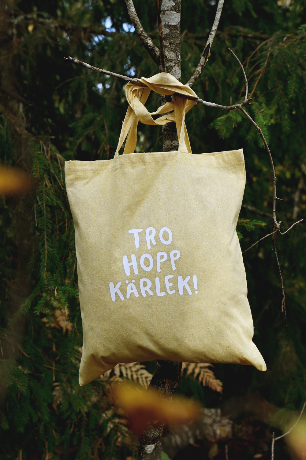 Gul melerad tygkasse av återvunnen bomull: Tro, hopp, kärlek!