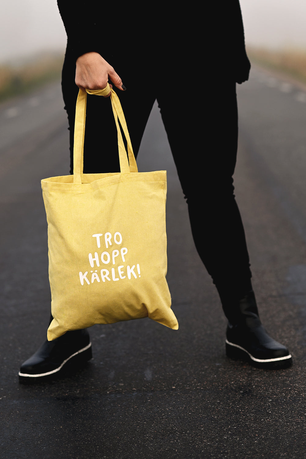 Gul melerad tygkasse av återvunnen bomull: Tro, hopp, kärlek!